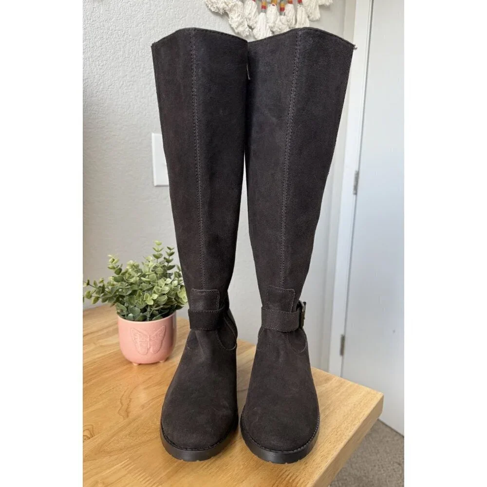 DONALD J PLINER Beso Brushed Suede Knee High Riding Buckle Boots Brown Western